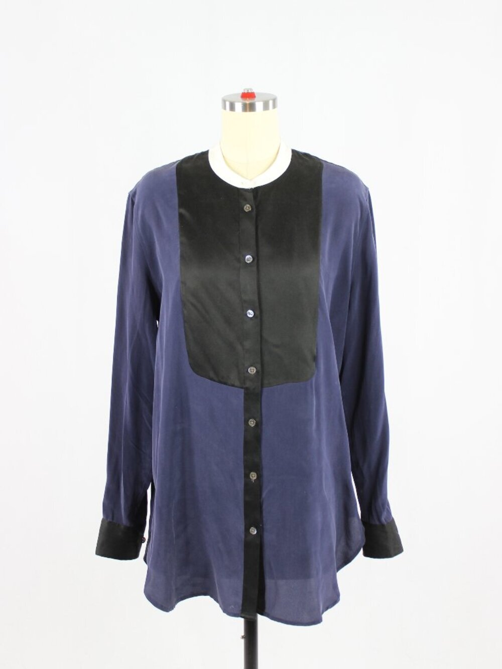 EQUIPMENT Navy Blue Black 100% Silk Crepe Button Up Tuxedo Tunic Shirt, Size S